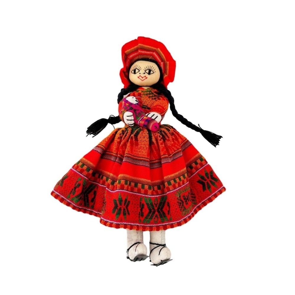 Handmade Peruvian Cloth Doll Baby Traditional Red‎ Dress Braided Hair Folk Wool